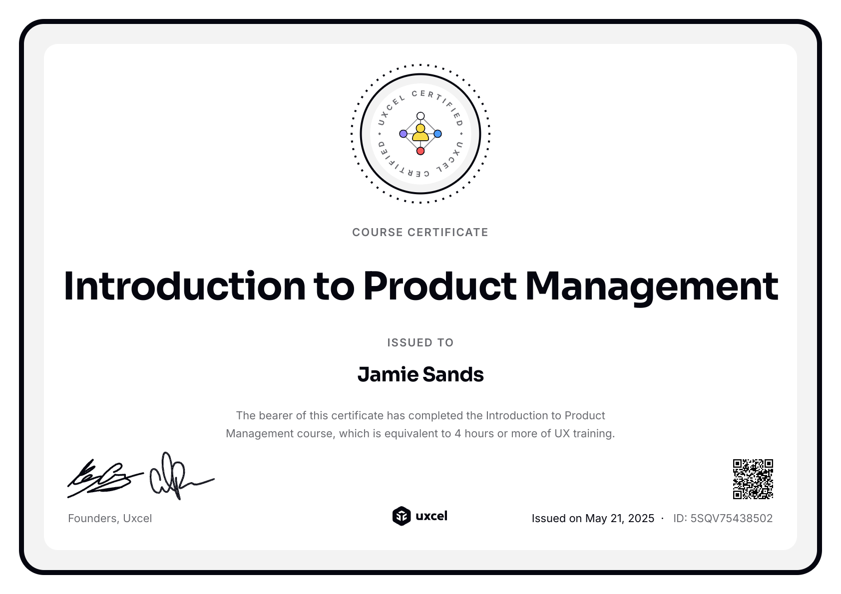 Jamie Sands's certificate
